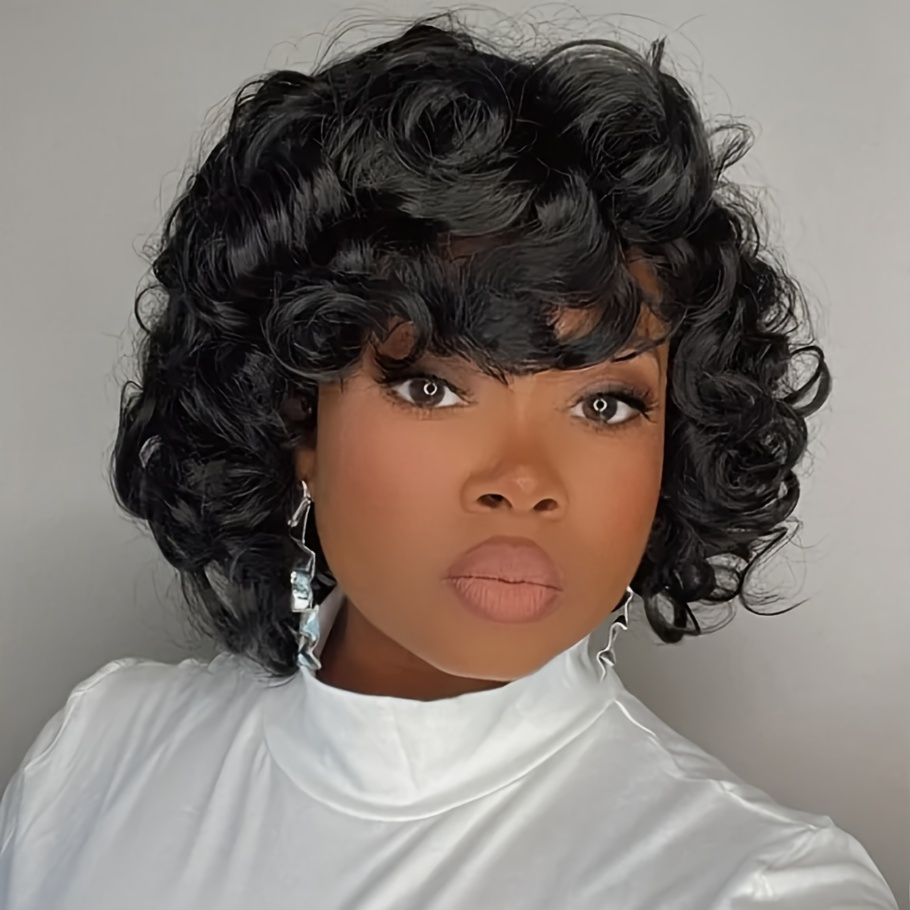 

Brazilian Human Hair Wig For Women, Chic Loose Curly Style, 200% Density, , Cut With Bangs, Glueless & , Cap,