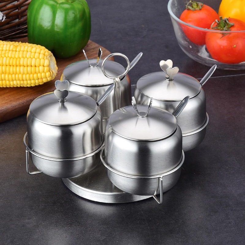 stainless steel spice jar set with revolving rack 12oz/350ml set of 4 seasoning box bottle with lids and spoons condiment jar canisters pots spice container salt sugar bowl for kitchen home Product details 4