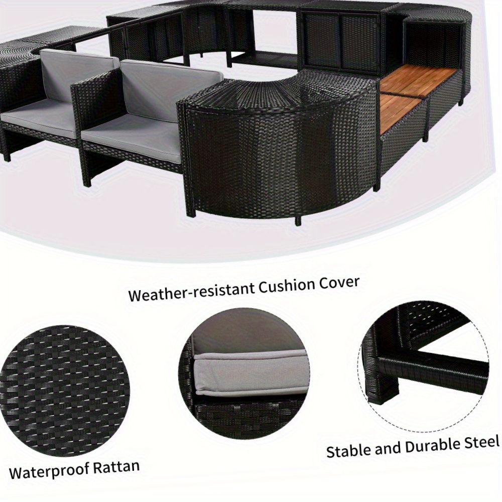 [Outdoor All Weather Sofa] Patio Rattan Sofa Set Spa Surround Spa Frame With Storage Spaces, Outdoor All Weather Round Conversation Sofa Set With Acacia Wood Seats And Waterproof Cushion, Free Combination