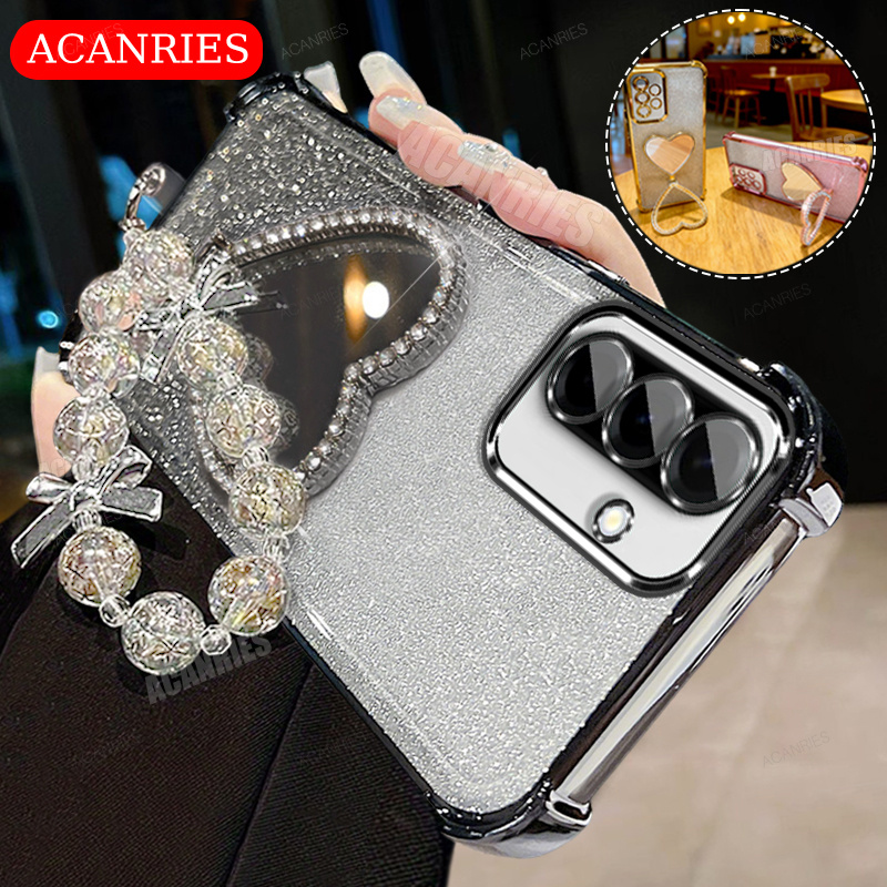 TEMU Phone Case: Acanries Bling Heart Kickstand Luxury Star Bead Wrist Strap Lanyard For Woman Girls Plating Gradient Glitter Shockproof Phone Case