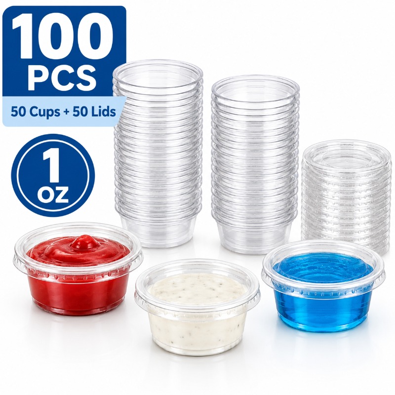 Image of 100pcs 1oz Mini Plastic Dispensing Cups (50 Cups + 50 Lids), Leak-proof, Stackable, Refillable, Perfect For Salad Dressings, Dips, Condiments, Lunches, Parties, And Travel.