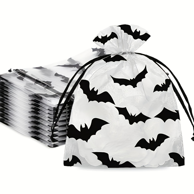 TEMU 50/ 100pcs Halloween Bat Yarn Gift Bag With Drawstring - Black And Pattern, Candy, Jewelry, And Party Gifts, Durable Plastic Halloween Party