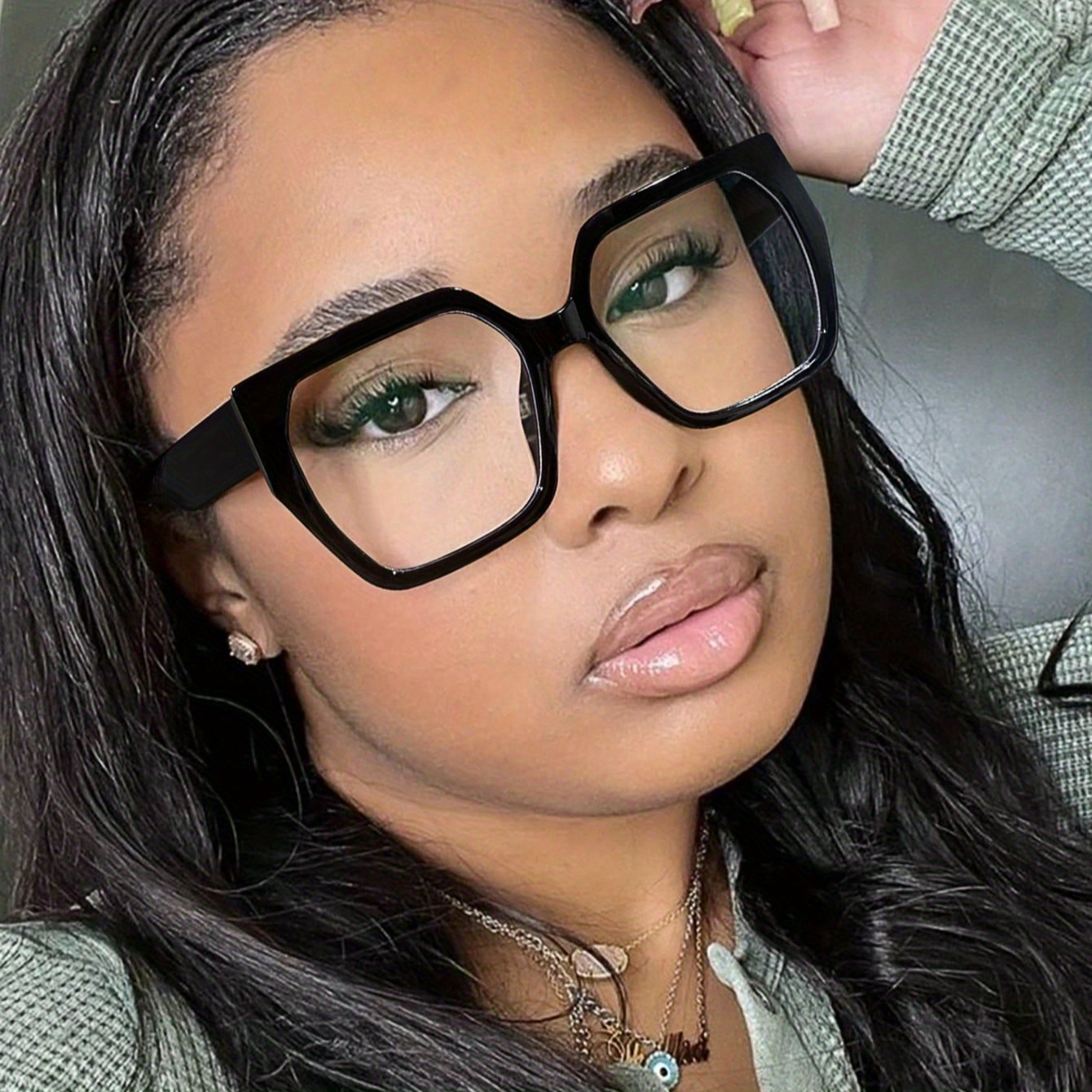 Image of 1pc Women's Fashion Black Square Acrylic Frame Glasses - Large Pc Material, Full Rim, Decorative Clear Lens, , Non- Eyewear