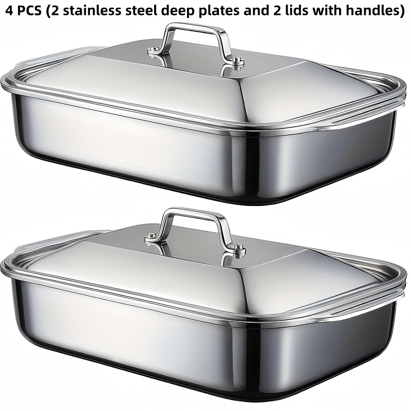 TEMU 4pcs Set Of Plates 2 Lids, Stainless Steel Rectangular Baking Trays With Handle Lids-1.59 Gallon Capacity, 16.14 Inches Deep Baking Tray Tray