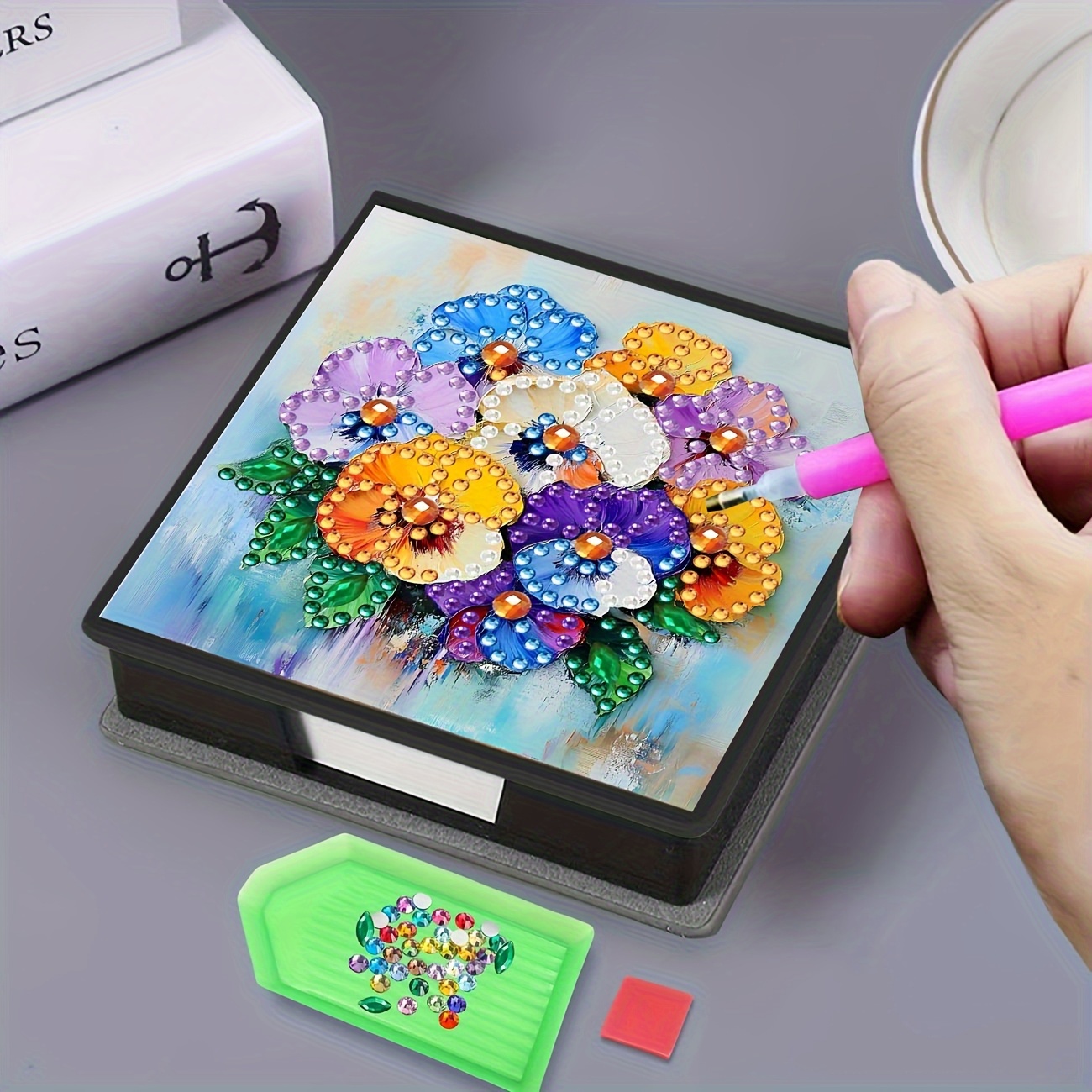 TEMU 1pc Diy Diamond Painting Kit, Handmade Floral Pattern Irregular Crystal Sticker Black Synthetic Faux Leather Self-adhesive Memo Pad Box -