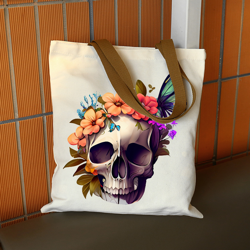 punk floral skull print tote bag large capacity shoulder bag