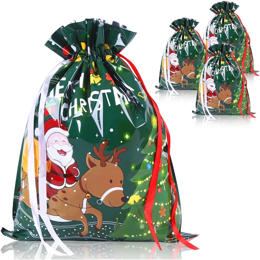Image of Gift For Her/him Set Of 4 Green Drawstring Bags For Christmas Gifts, Each Measuring 39 By 51 Cm, Perfect For
