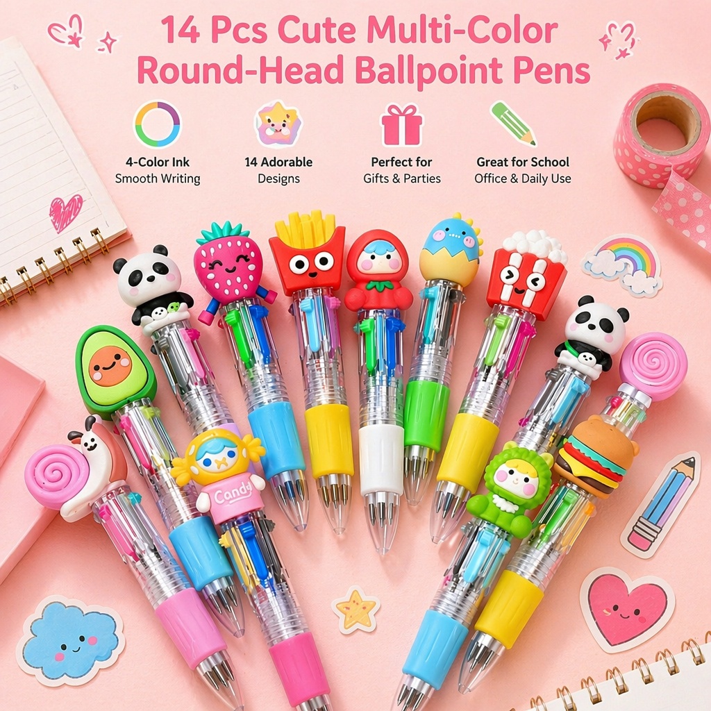 Image of 14pcs Multicolored Random Cute Fun Round Tip Pens, 4-color Ink Pen Set, Perfect For Parties, Classroom Rewards, And Birthday Gifts - Colorful Stationery, Designed, Ideal School And Office Supplies