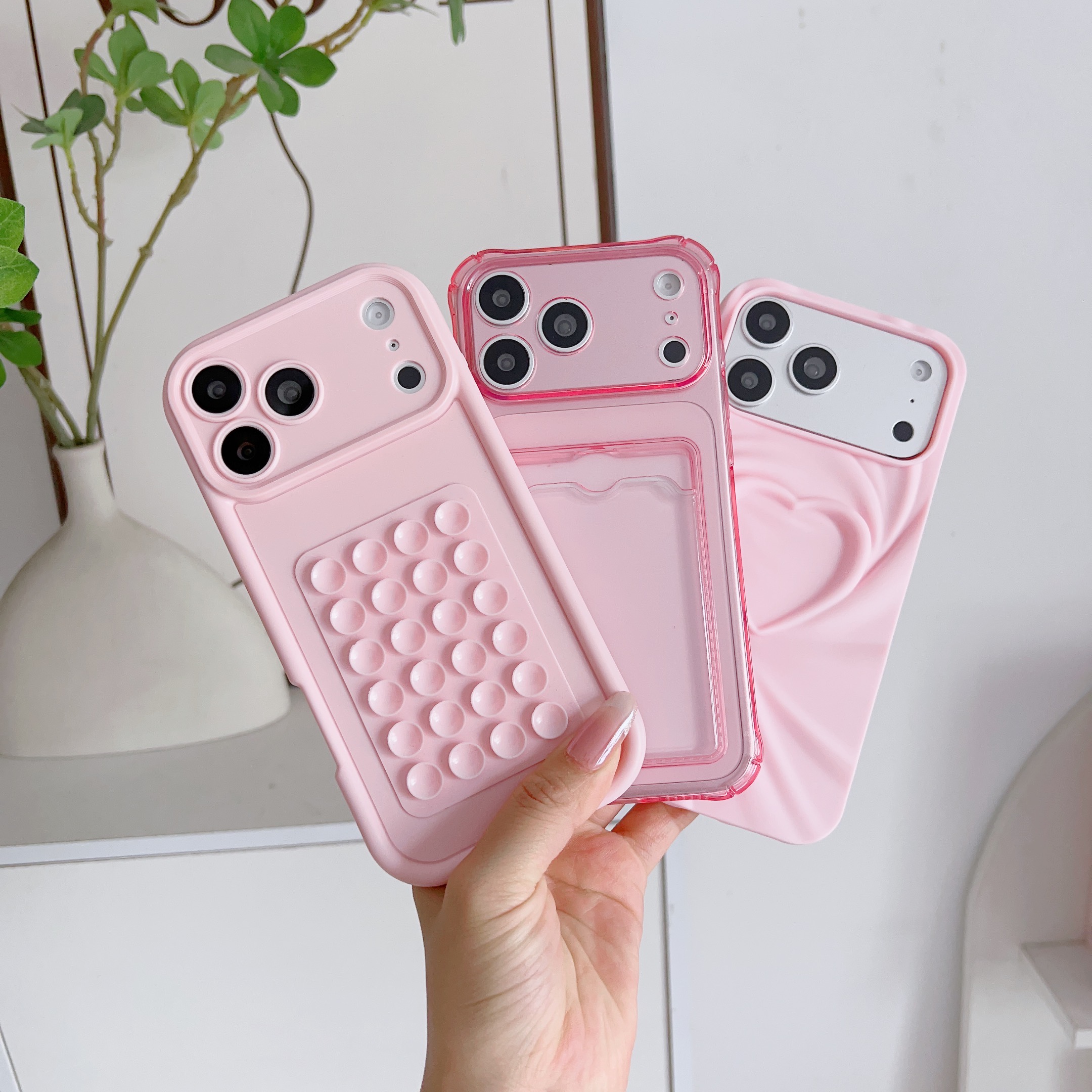 TEMU Phone Case - 3pcs Summer Fashionable Beautiful Phone Case, With 1pc 3d Heart-shaped Pattern Phone Case, 1pc Suction Cup Phone Case And 1pc Card