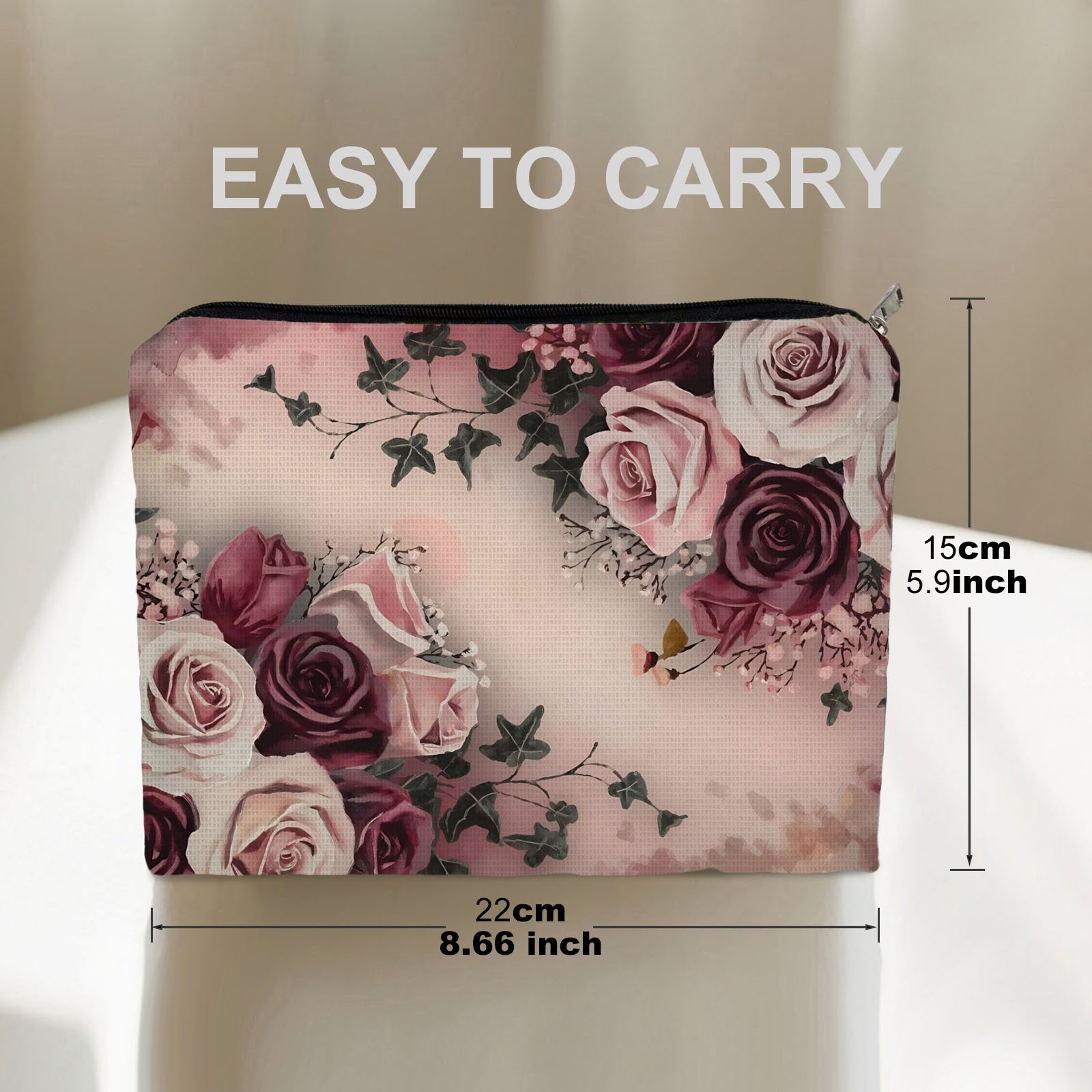 TEMU 1pc Floral - Printed Double - Sided Cosmetic Bag, 8.66in*5.9in Polyester Makeup Pouch, Romantic Gentle Design For Beauty Enthusiasts, Ideal For