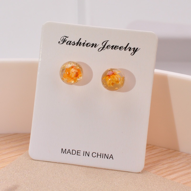 Resin Glass Ball Stud Earrings Multicolor Dried Flowers Hypoallergenic Posts