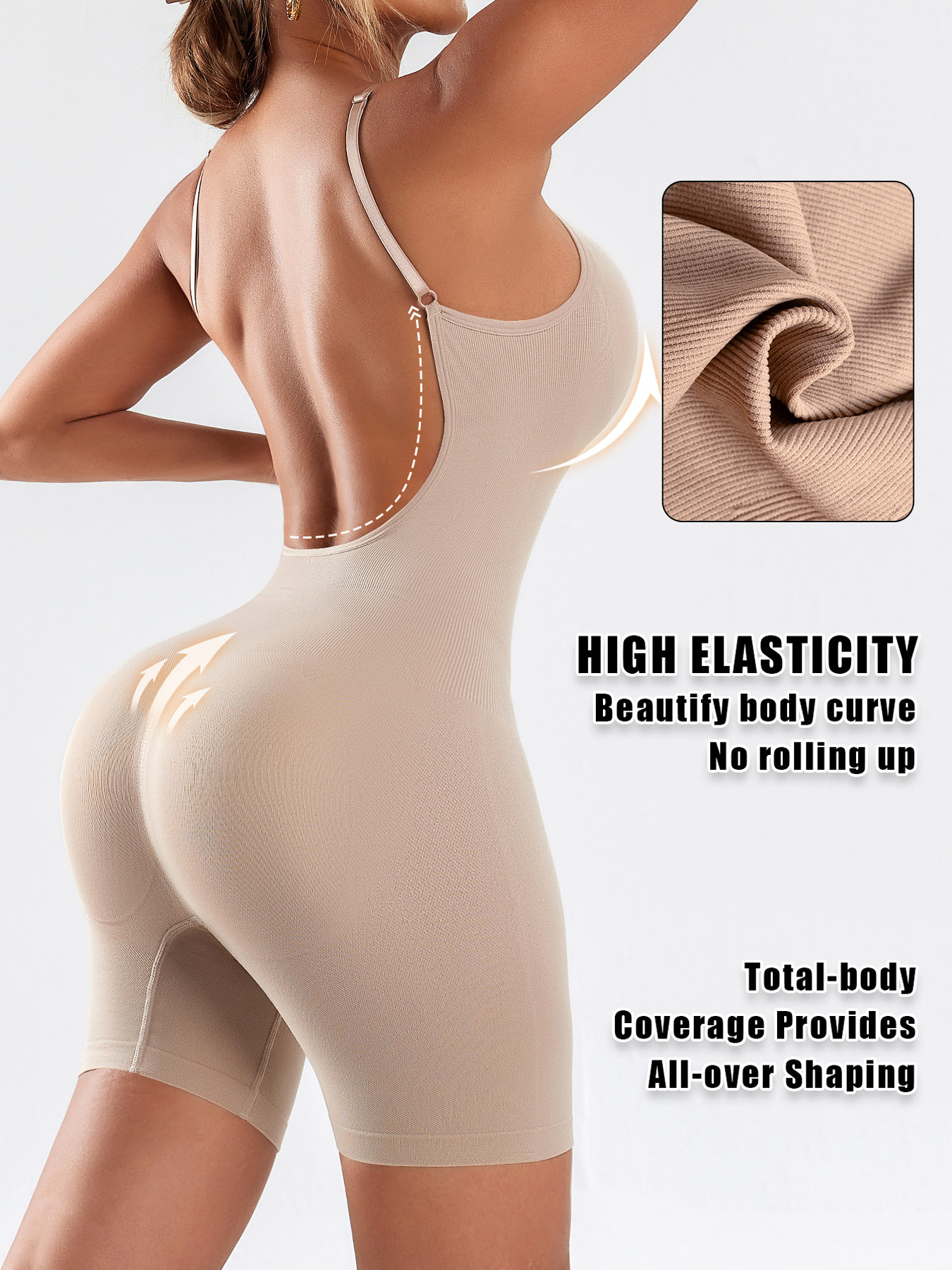 1pc CELILIN Women's Full Backless Shaping Bodysuit - Medium Support Tummy Control Butt Lifter, Seamless One-Piece Suit, Breathable Lightweight for Yoga, Gym & Casual Attire, Machine Washable Solid Color (No Chest Padding)