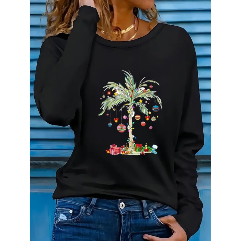 

Christmas Palm Tree Print Long Sleeve T-shirt, Casual Crew Neck, Polyester Knit Fabric With Elastane, Regular Length, For All