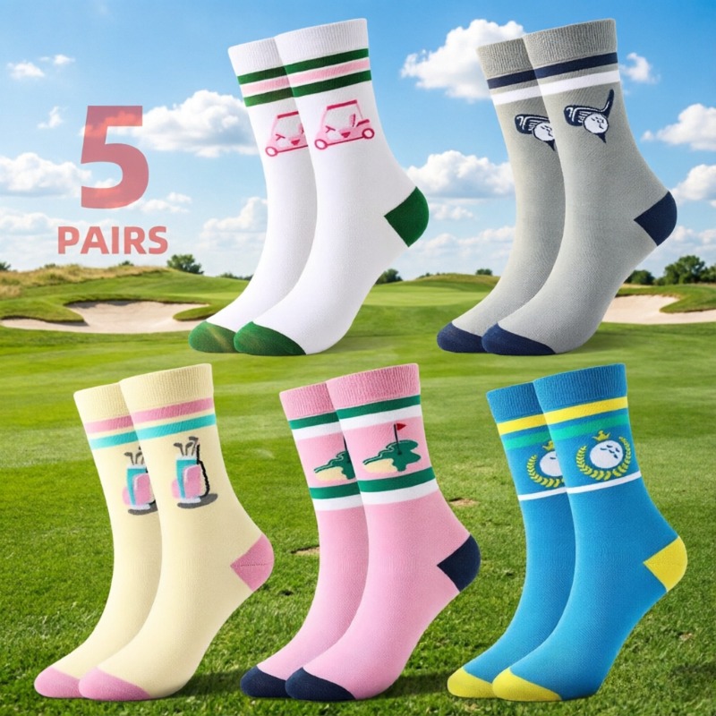 TEMU 5 Pairs Women's Fun Golf Socks Novel Round Neck Mid-calf Socks Cool Golf Gift And Accessory For Ladies, Female Golfers, Wife, Mom Comfortable