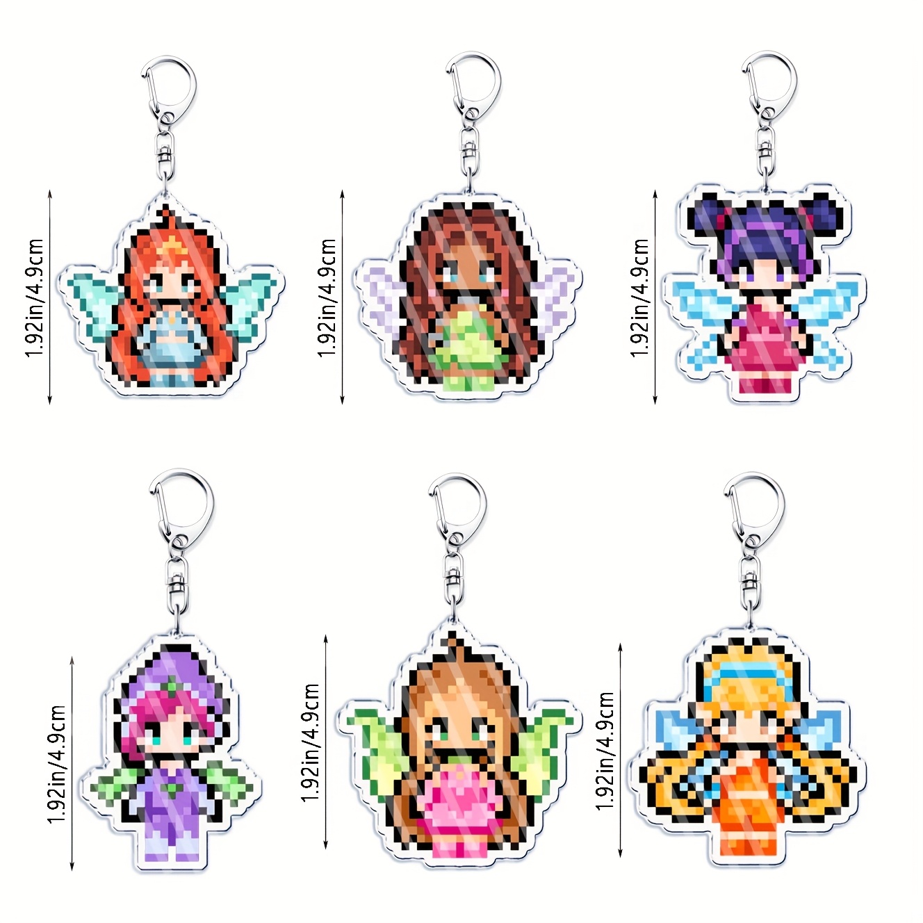 TEMU 2d Flat - 6pcs 2d Flat, 2d Cute Cartoon Fairy Keychain, For Additions Bag Pixel Style Art Acrylic Pendant Car Keychain Fan Gift, Kawaii Anime