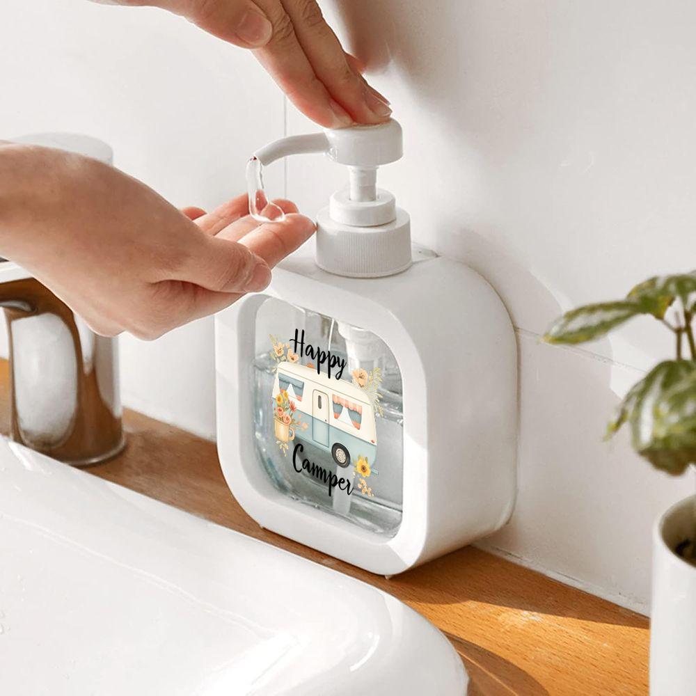 Image of Soap Dispenser - Van And Classic , With Turquoise Bubbles, Pink Flowers, And Label, Moisturizing Hand Soap Pump Bottle, For Sink, Bathroom, Rv Additions, Camping Gift (cute Rv Decor)