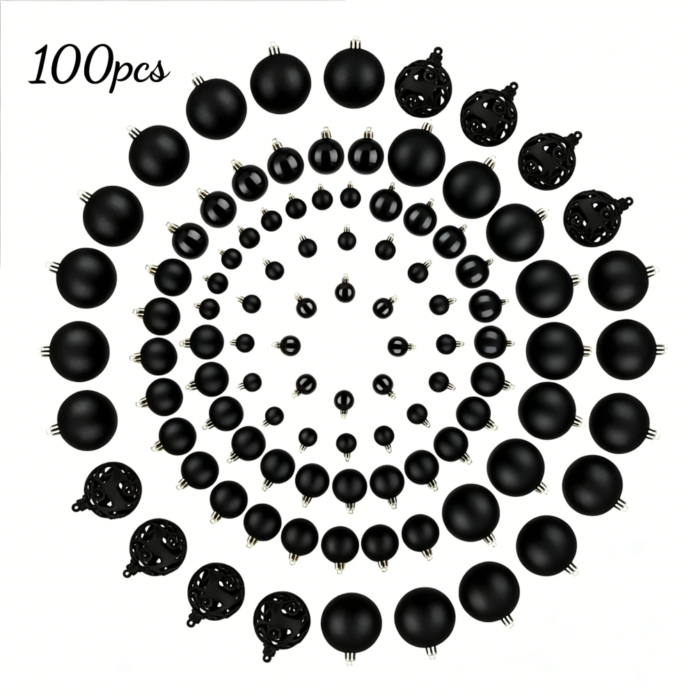 TEMU 100pcs, Black Christmas Ball Ornaments For Tree, Plastic Holiday Ball Set In Assorted Sizes And , Christmas Tree Decorations For Home, Office,