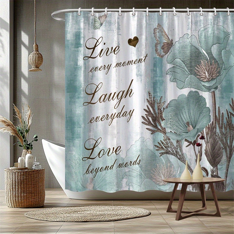 TEMU 1pc Vintage Floral Quote Shower Curtain - Distressed White Teal Stripes, Flowers With Inspirational Text "live Moment, Laugh Day, Words", Light