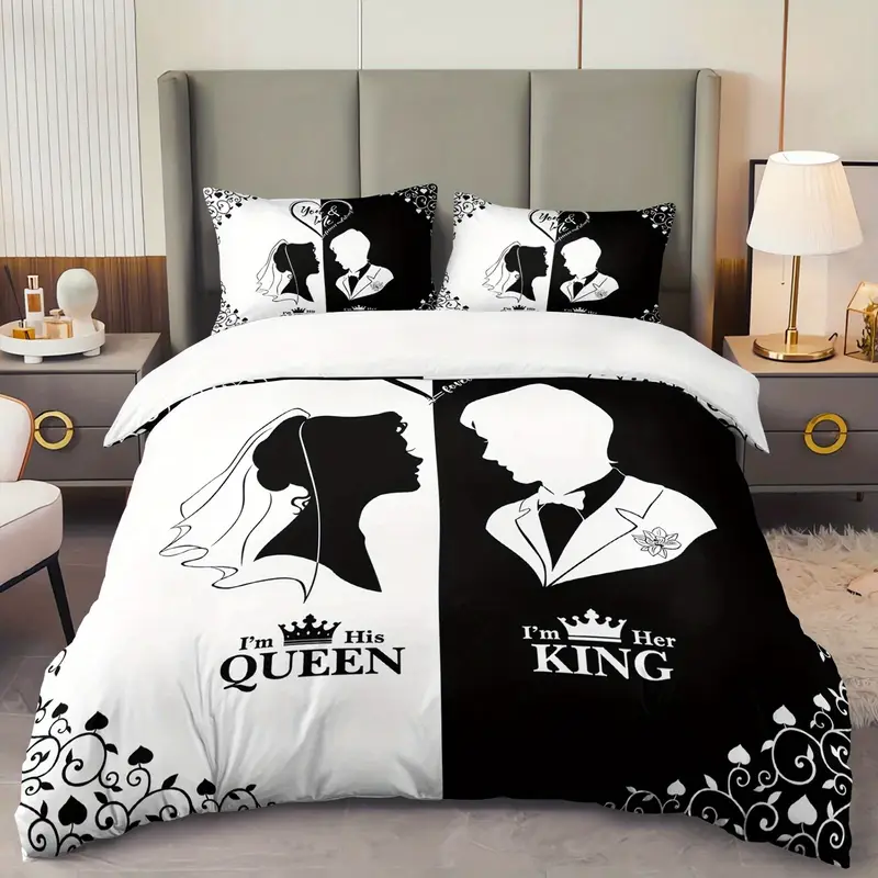 3pcs king queen couple 3 printed duvet cover set wedding bedding set for black and white bedding for bedroom or decor polyester comforter cover gift 1 quilt cover 2 pillowcases Product details 0