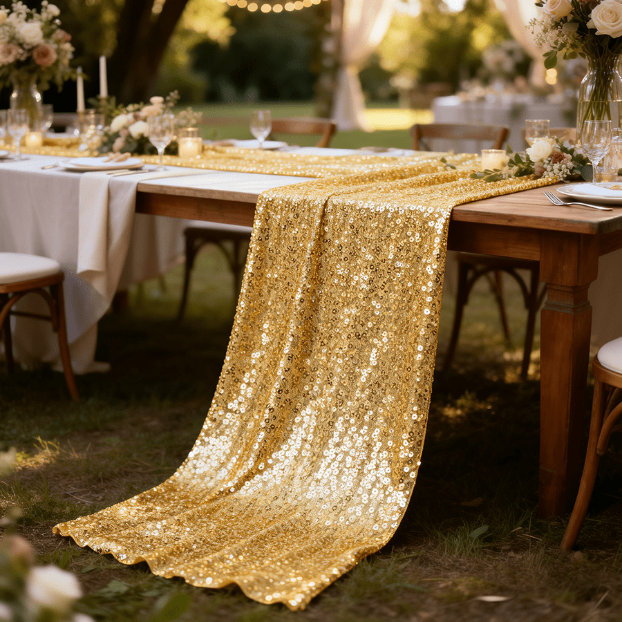 TEMU 1pc, Luxurious Golden Sequin Table Runner + 4 Self-adhesive Tabs. Made From High-quality With A Densely Packed Surface Of Golden Sequins. Choice