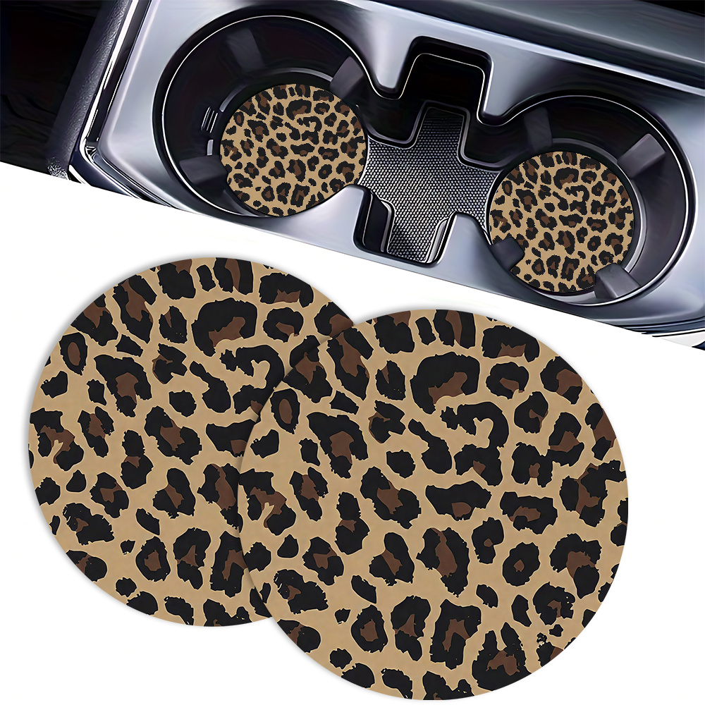 2 Classic Leopard Print Coasters For Car Cup Holders, Absorbent And Non-slip Car Interior Accessories, Fashionable Car Coasters