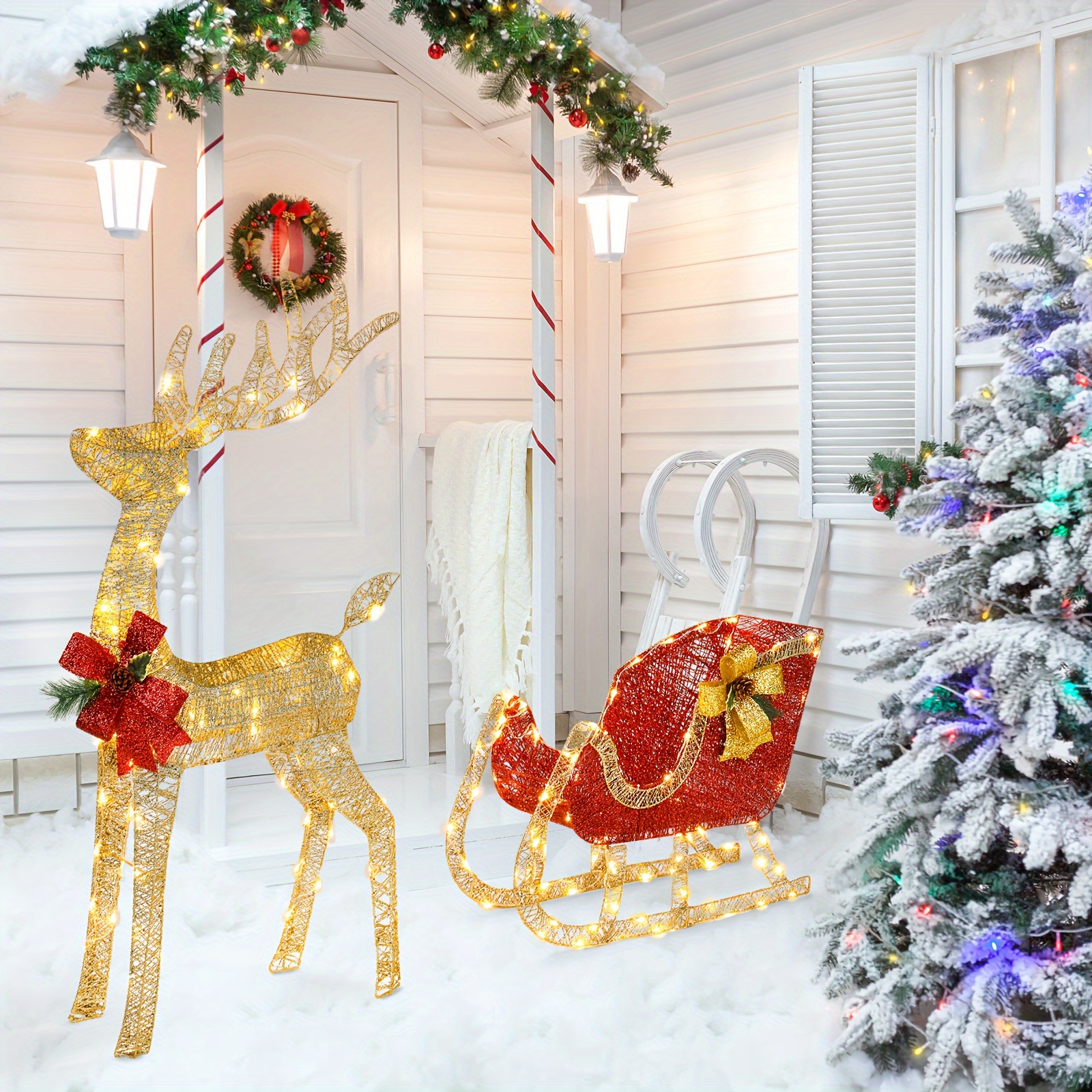 

3d Lighted Christmas 4ft Reindeer & Sleigh Set Outdoor Elk Yard Decoration Led Lights - Golden