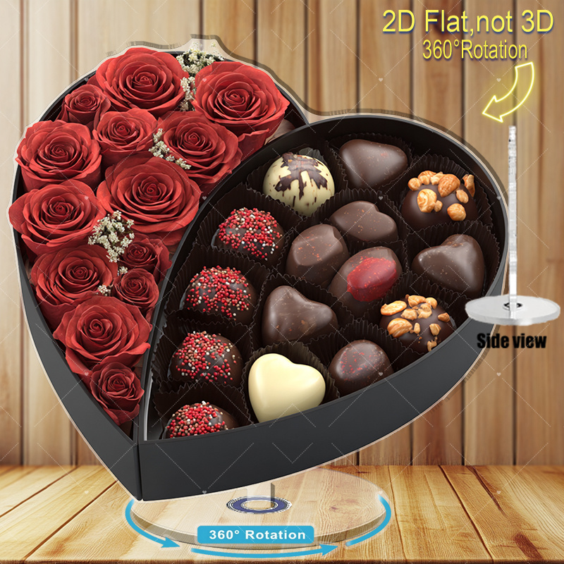TEMU 2d Flat, Rotating Heart-shaped Box With Red Roses & Chocolates - 360° Spinning Base, Manual Operation (no /electricity), Acrylic Romantic Gift