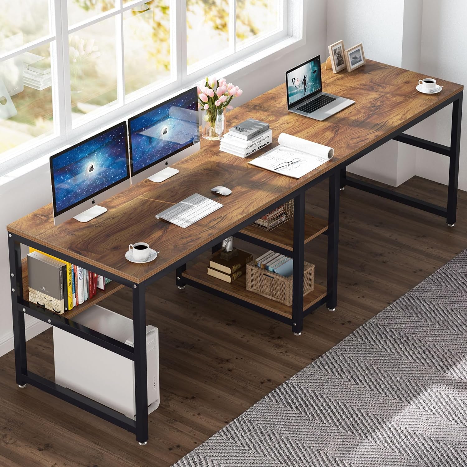 TEMU Bureau d'ordinateur rustique moderne pour personnes de 78,7 pouces avec étagère à livres et étagère de rangement intégrées - Cadre en MDF et