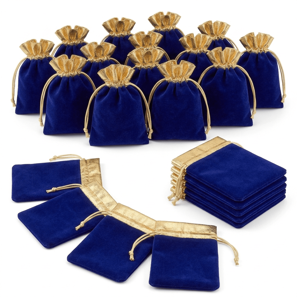 TEMU Lot de 24 sacs élégants en velours bleu roi avec cordon de serrage et col doré métallique, pochettes à bijoux douces pour emballage cadeau de