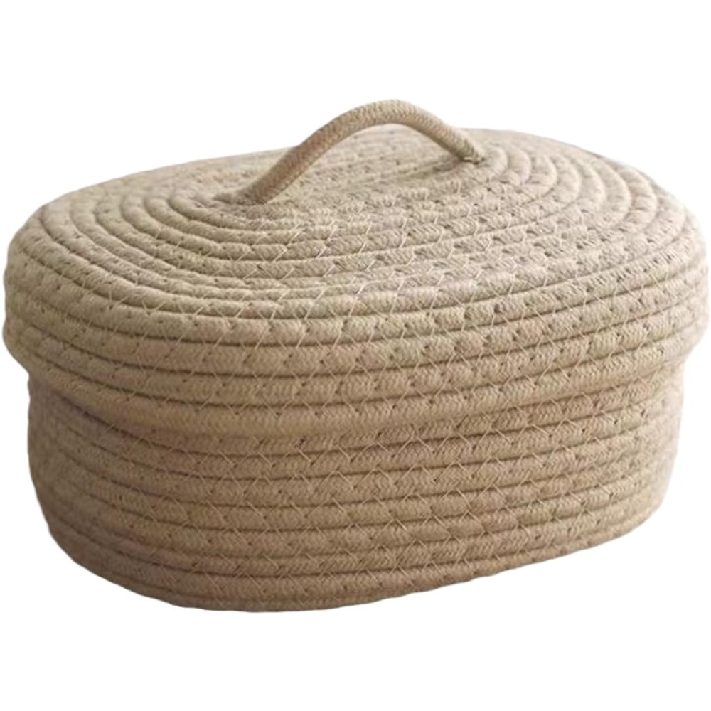 Image of 1pc Woven Storage Basket With Lid, 9" Multipurpose Woven Baskets With Handles, Gift Baskets For Birthday Burr Fundraiser, Decorative Organizer Box For Pet, Shelf Baskets
