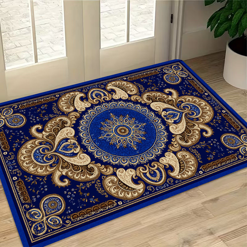 TEMU European Light Luxury Style Royal Blue Gilded Floral Pattern Rug, Non-slip Water-absorbing And Easy To Clean, Polyester Fiber And Wear-resistant