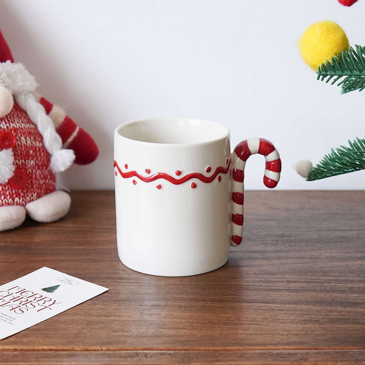 Image of 1pc Cute Christmas Ceramic Mug With Candy Cane Handle, Coffee Cup For Latte Art, Suitable For Reusable Hot And Cold Drinks, Home Drinking Water Cup, Christmas Gift