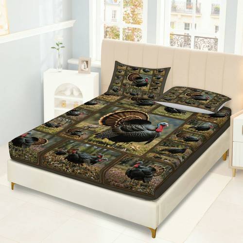 2d flat printing 3pcs turkey fitted sheet three piece set 1 x fitted sheet and 2 x pillowcases rustic turkey pattern bedding mattress protector soft breathable