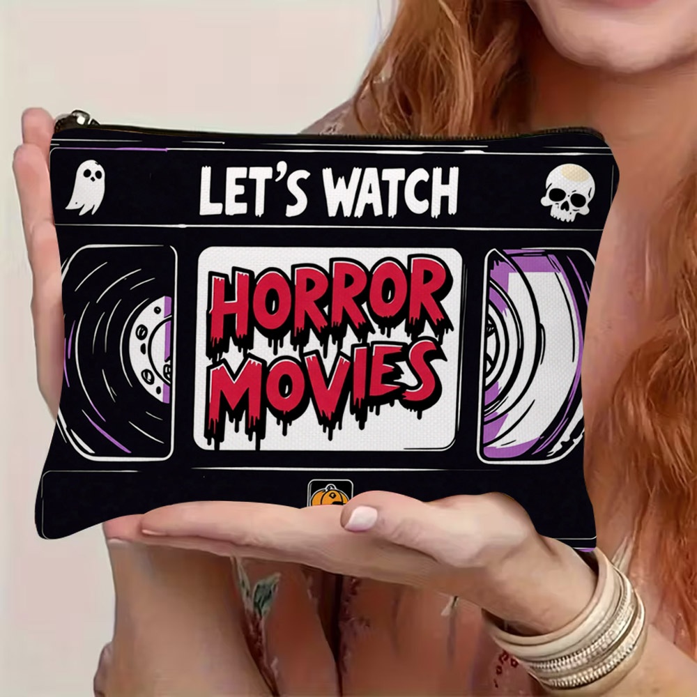 TEMU 1pc 2d Flat-printed Horror Vhs Tape - Themed Cosmetic Bag, With Spooky " Watch" Text, "horror Movies" Lettering, & Icons, Zipper Closure,