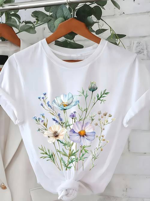 womens round neck short sleeve printed t shirt breathable casual top with random machine washable versatile and fashionable comfortable shirt for spring summer and fall trendy printed top for casual wear