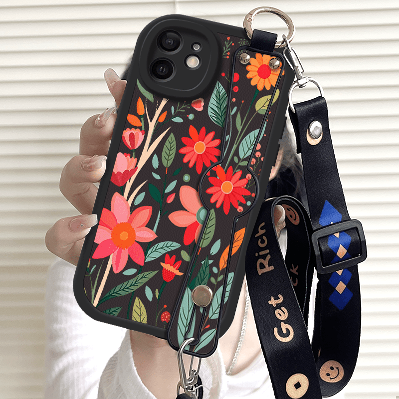 TEMU Phone Case - Vibrant Floral For Iphone 11 12 Mini 12pro 13 Pro Fashion Wrist Strap Design Handheld Body Shoulder Strap Adjustable Anti-theft
