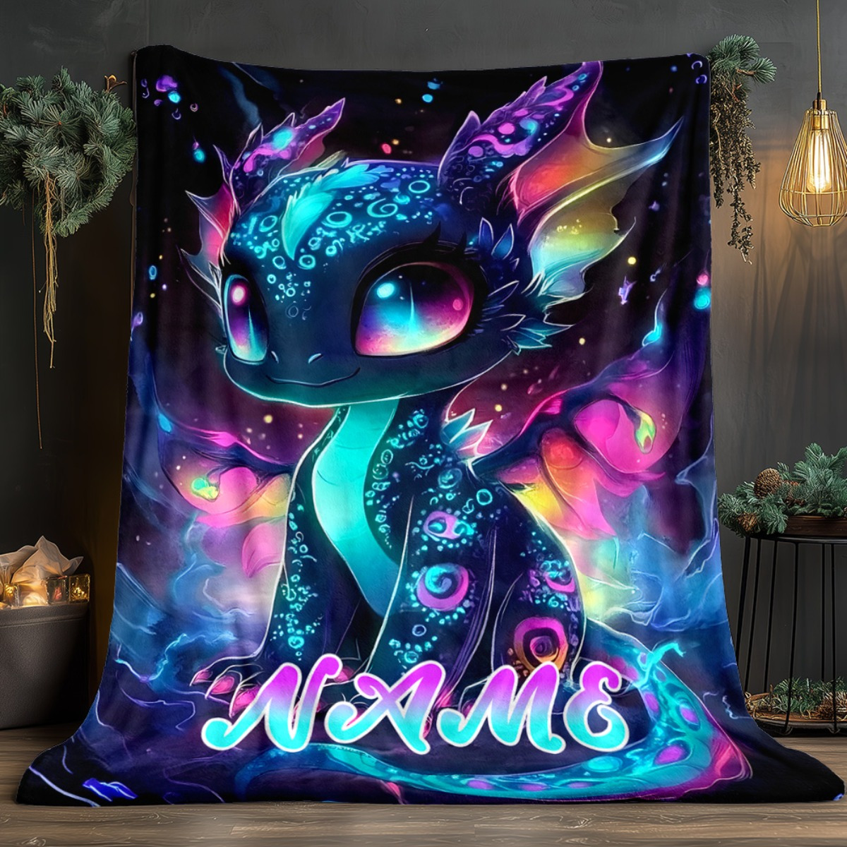TEMU 1pc Personalized Blanket, Shawl Blanket, Lightweight Portable Neon Fluorescent Black Dragon Pattern, Soft Warm Fabric, Travel Blanket, Birthday
