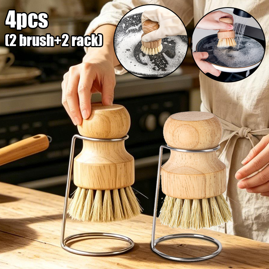 TEMU Lot de 4 (2 brosses pour casseroles + 2 supports) Brosse à vaisselle avec manche, Brosse à vaisselle en bois avec support, Brosse à récurer de