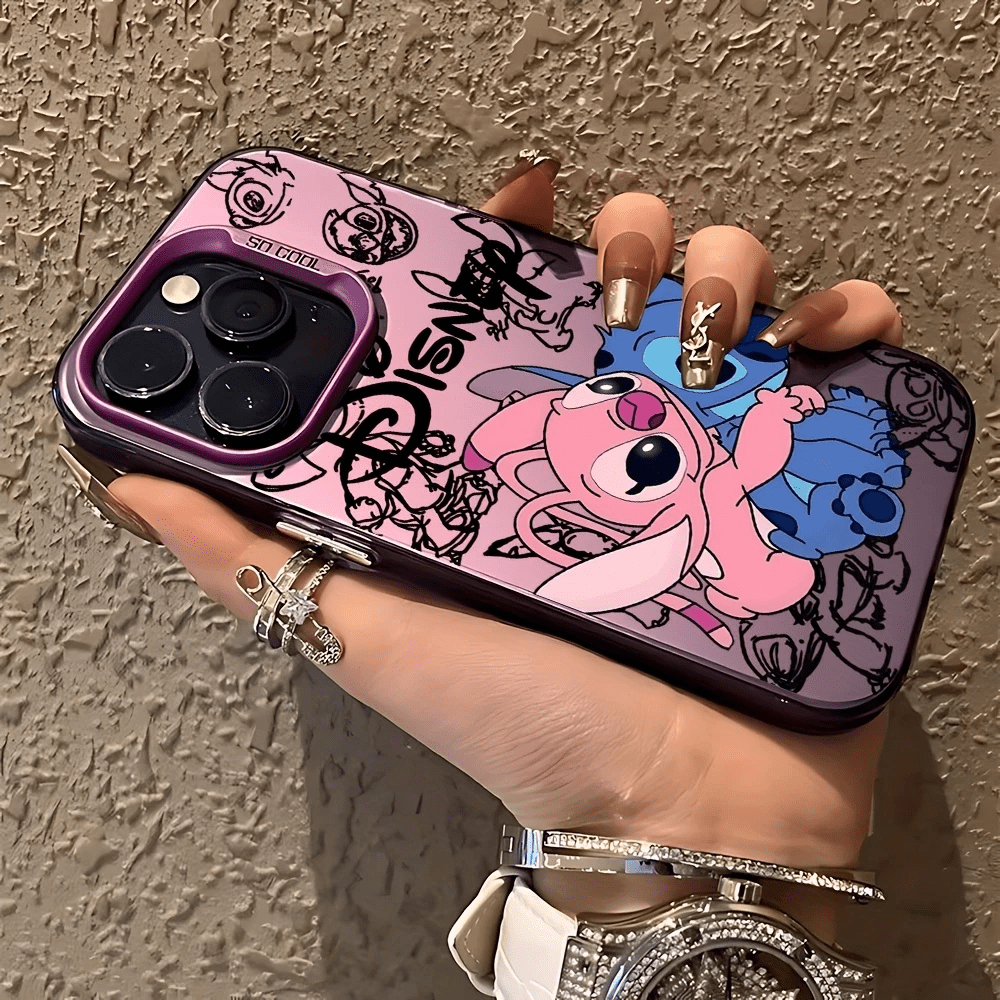 Authorized Disney, Cute Angel And Stitch Pattern Phone Case, Compatible with for iphone 16 Pro Max, 15 Pro/14 Pro/13 Pro/12 Pro/12/11/11 Pro Max. Made of TPU Material, Featuring Graffiti Print, Colorful Silver Hard Shell, Shockproof And Scratch-Resistant Protective Cover.