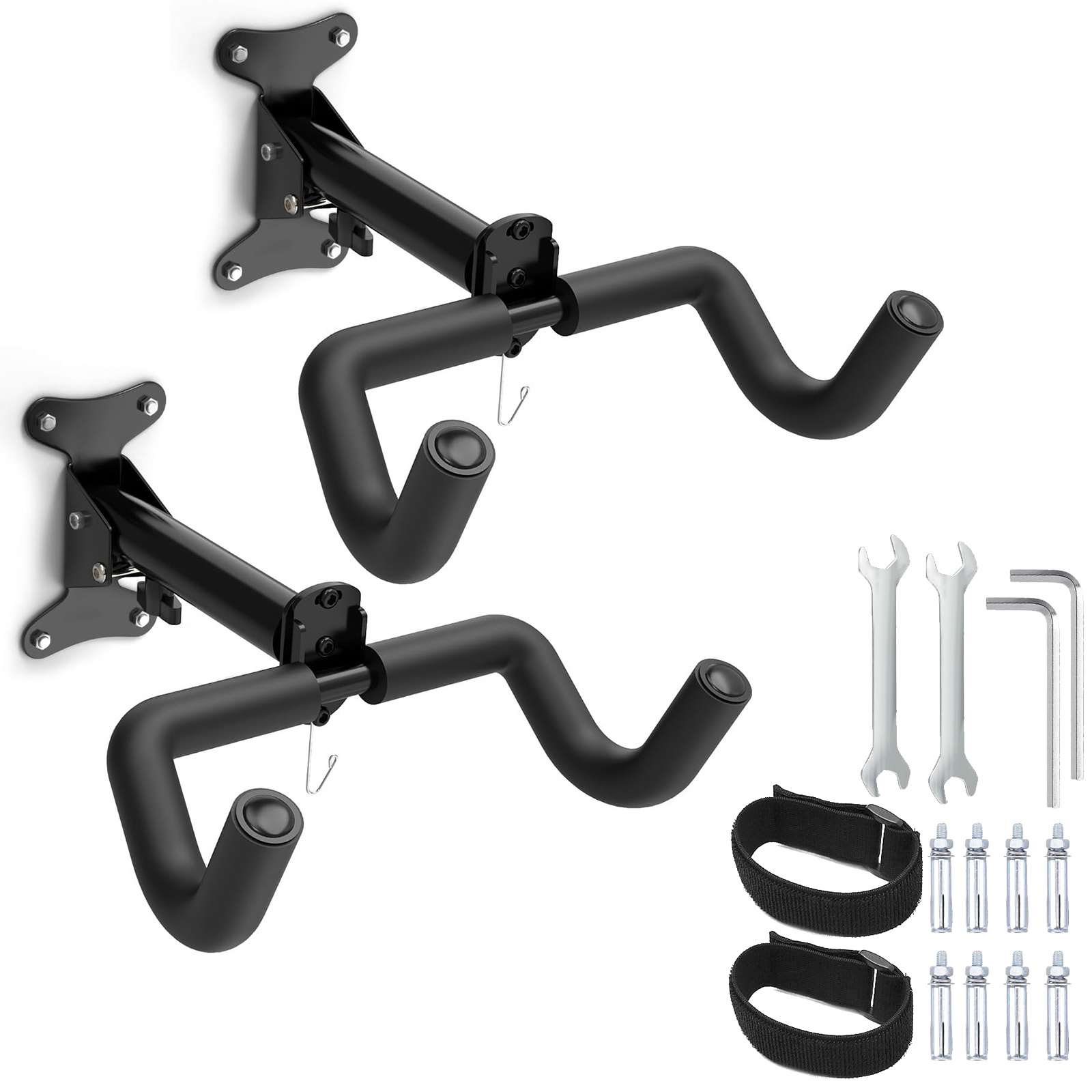 Image of 2pcs Style: Telescopic + Tyre Strap Mountain Bike Specific Indoor Metal Folding Bike Rack With Wall Hook Telescopic Adjustment Design Bicycle Wall Mount Foldable And Adjustable Wall Hook