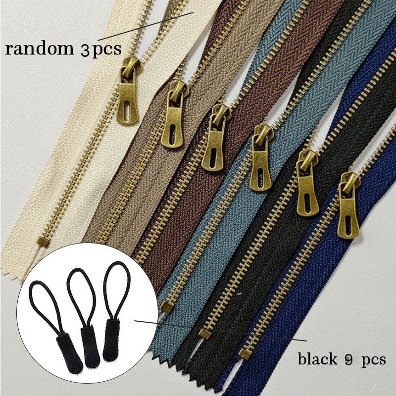 TEMU 12pcs Random Color Zipper Set, Including 3 Metal Short Zippers In Random Colors, With 9 Black Slider Pulls. Suitable For Bags, Leather Goods,