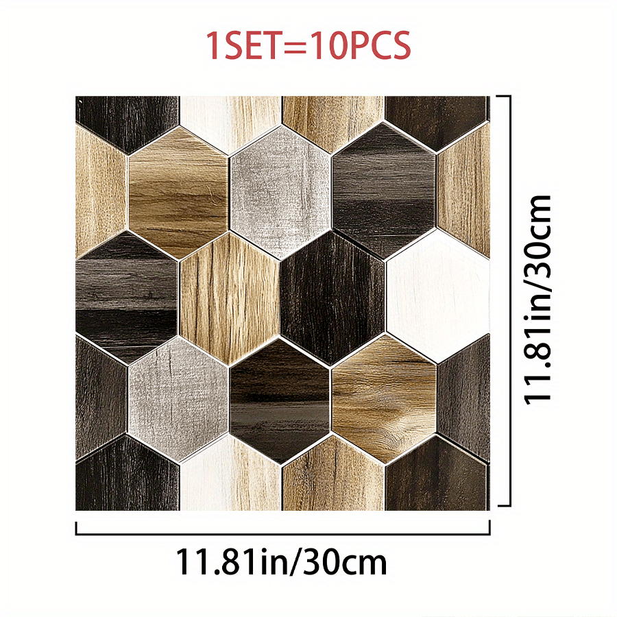 TEMU 10pcs Of 2d Pvc Floor Stickers - Self-adhesive Stickers With A Brown-black Wood Grain Hexagonal Tile Pattern, Suitable For Kitchen And Bathroom