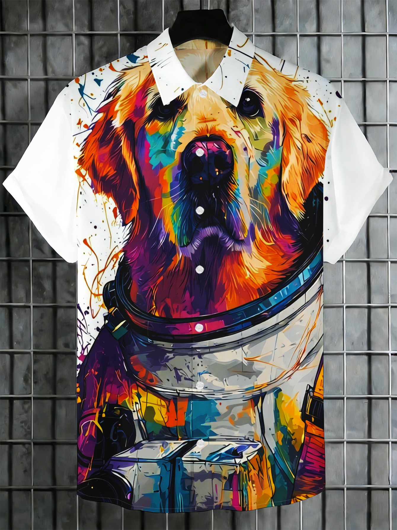 mens shirt featuring a colorful artistic style dog print on the front with a rich ink splatter effect