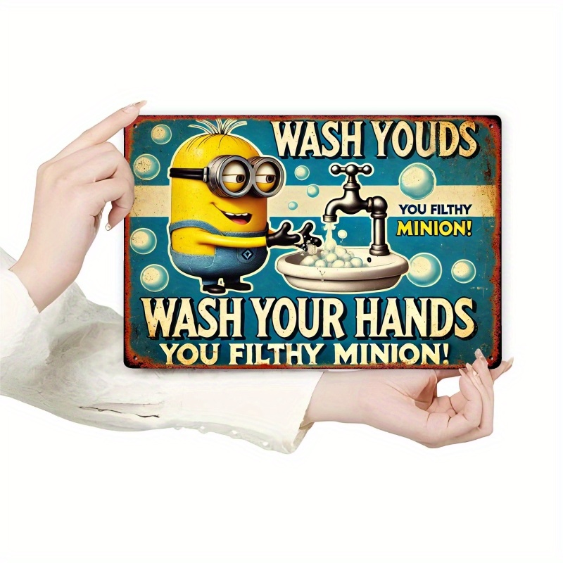 

1pc Classic Minions Hand Washing Metal Sign, 12x8 Inch Iron Wall Hanging Decor For Kitchen And Bathroom, Humorous Multipurpose Use Without Electricity, Bathroom Decor