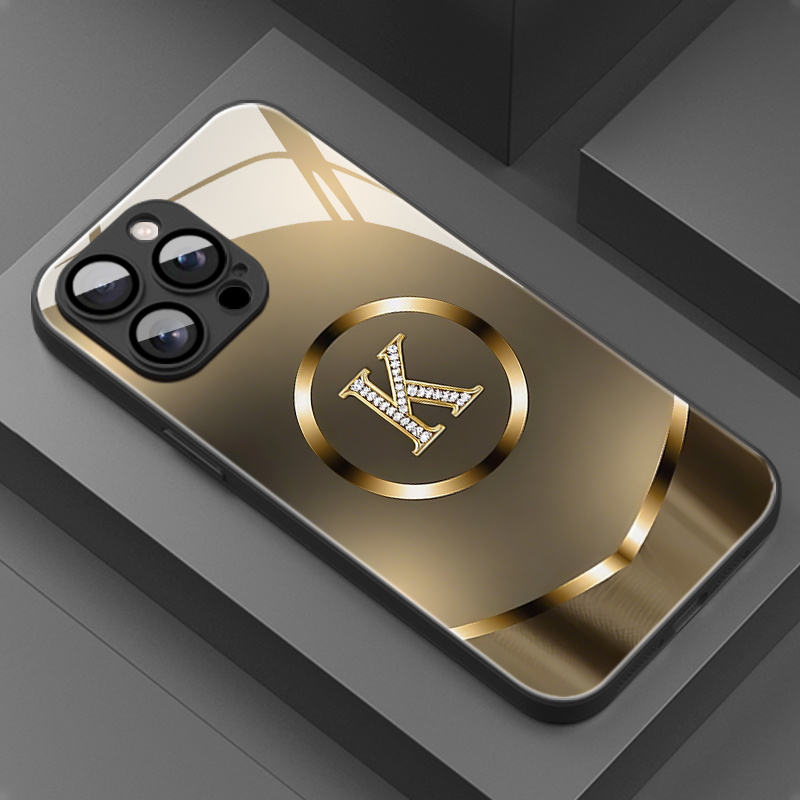 TEMU Phone Case - Classic Round Logo Pattern Glass Phone Case With Lens Protection, Suitable For Iphone 16 Pro Max/16e/15 Pro/14 Plus/13/12/11 Pro,