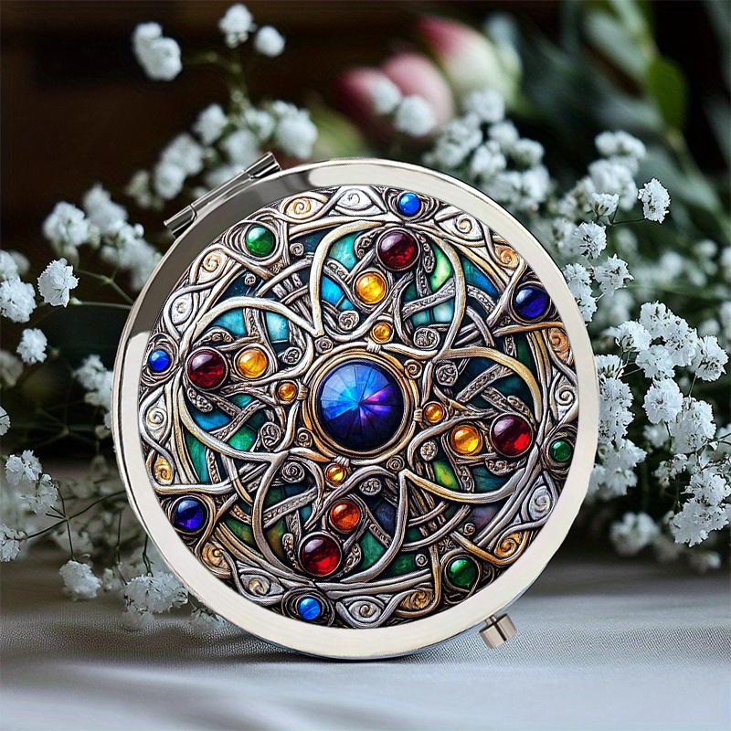 TEMU de Cosmétique portable plat 2D, rond pliable à main avec cercle de vitrail, motif mandala pour cadeaux de mariage et cadeaux de Noël