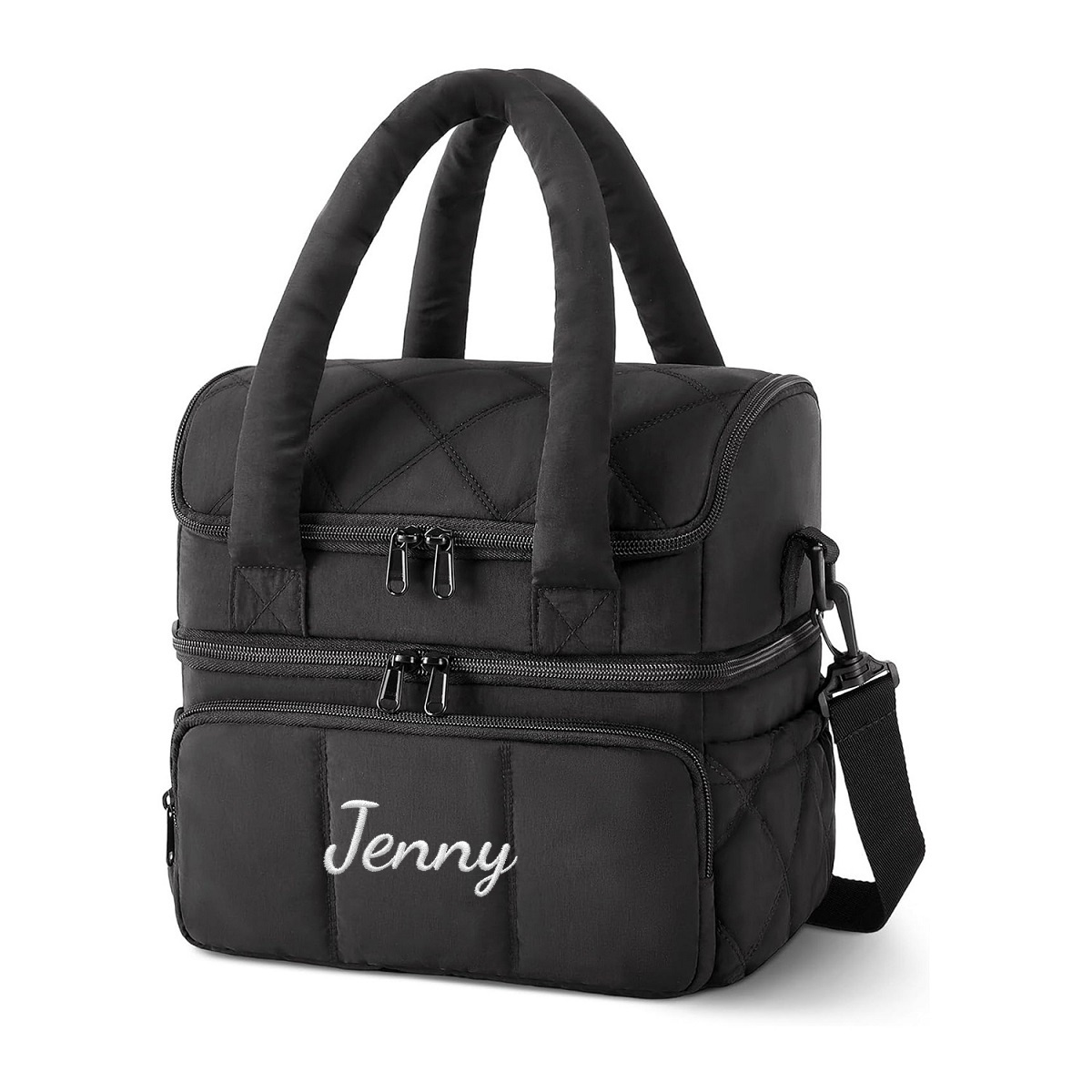 TEMU (non-food Contact) Personalized Large Capacity Double Layer Lunch Bag, Solid Color Quilted Bento Storage Tote With Adjustable Shoulder Strap,