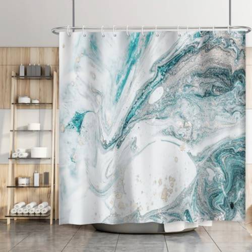 صورة العنصر قطعة واحدة من ستارة حمام من الرخام الأزرق اللون الأزرق، لون أزرق مخضر، تجريدي عصري، نمط طباعة رقمية من البوليستر، فاصل حمام بدون حفر، مثالي لتزيين الحمام والإهداء