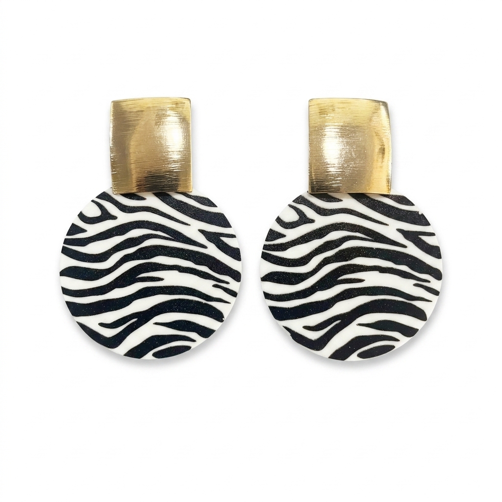 TEMU Lxalry, 1 Pair Of Women' Earrings, Vintage Hip-hop Geometric Metal Studs With Round Zebra Print And Leopard Print Plastic Pendants, Suitable For
