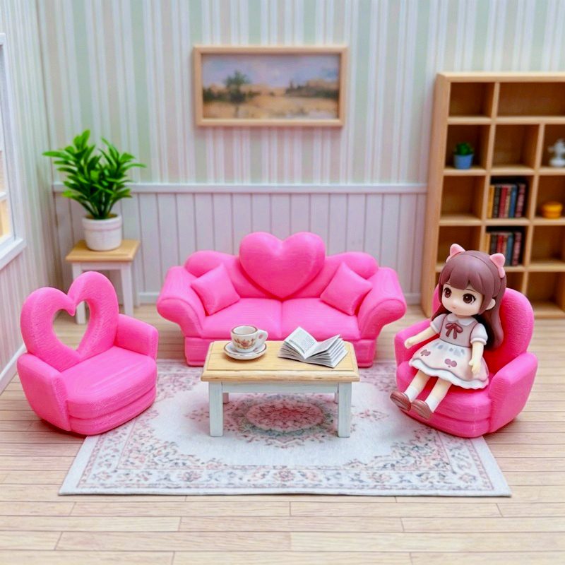 3pcs Dollhouse Set: Heart-Back Double Sofa & Two Chairs